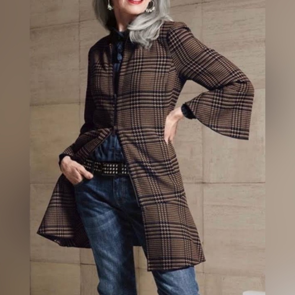 Cabi #3902 Flounce Jacket Zip Up Brown & Navy Tartan Plaid Size Small